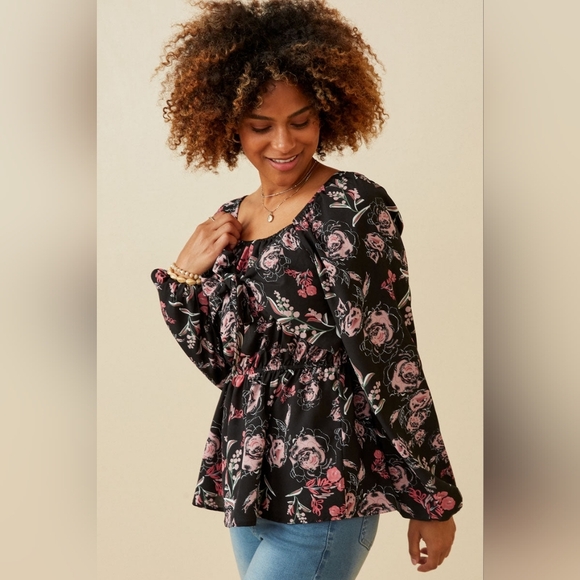 Hayden Los Angeles Floral Foliage Print Twist Front Peplum Top Long Sleeve Small - Picture 3 of 11
